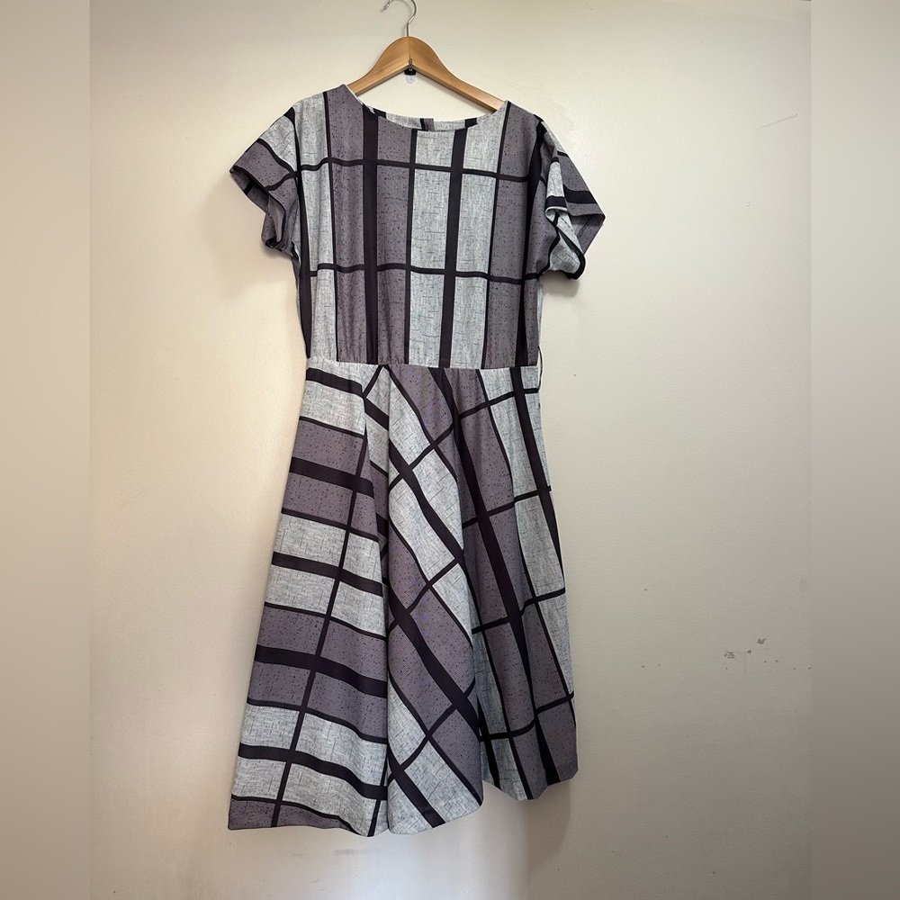 Vintage Studio 36 Women’s  Black Gray Plaid patchwork A-Line Midi Dress Size 10